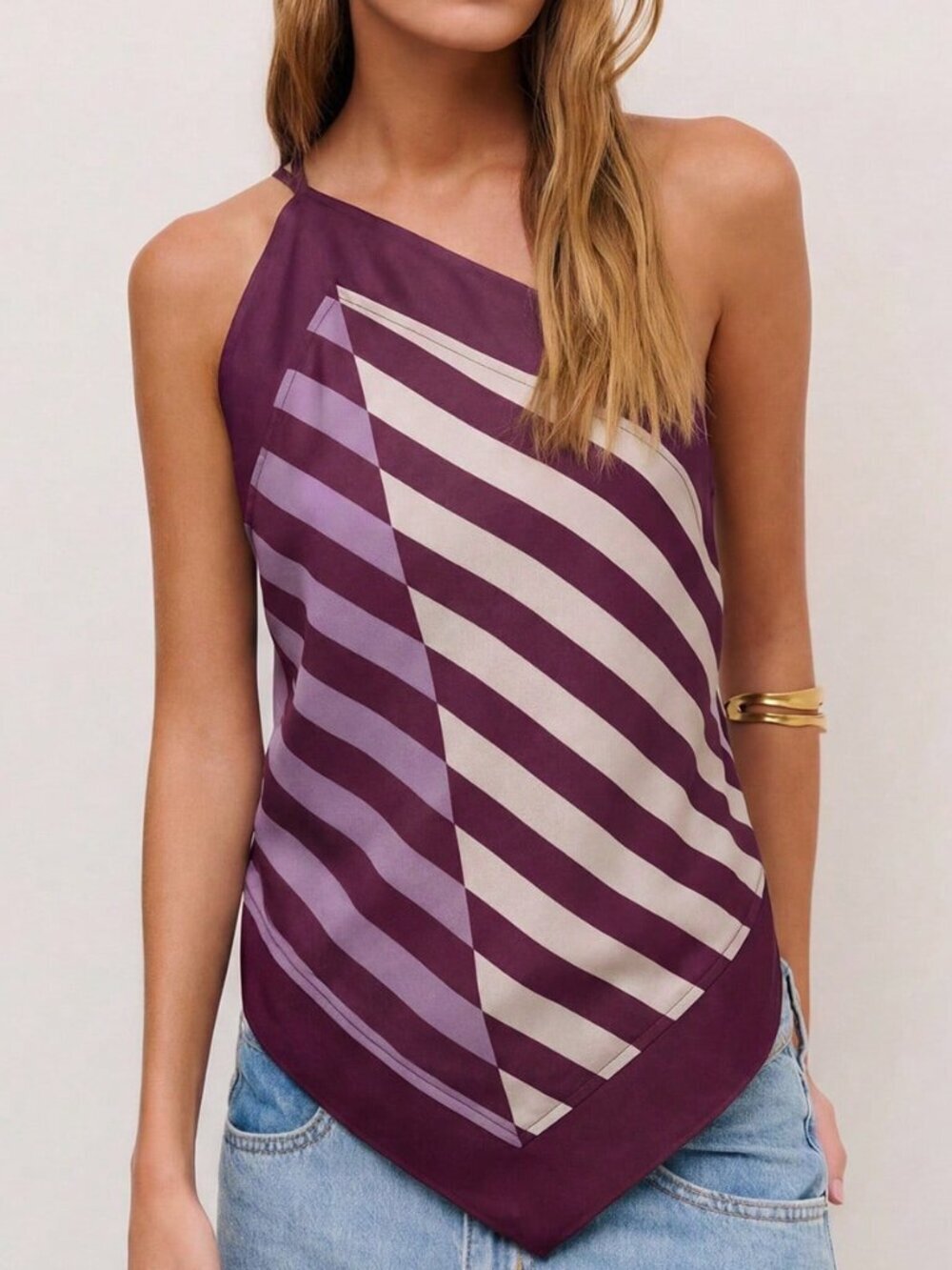Purple Casual Women's Striped Halter Top with Adjustable Straps and Bow Back Tie - Picture 3 of 7